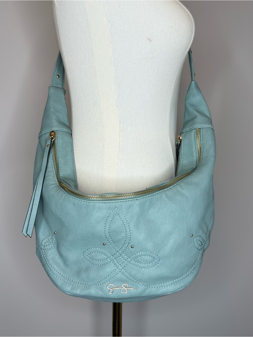 Jessica Simpson Light Blue Leather Hobo Bag with Gold Hardware